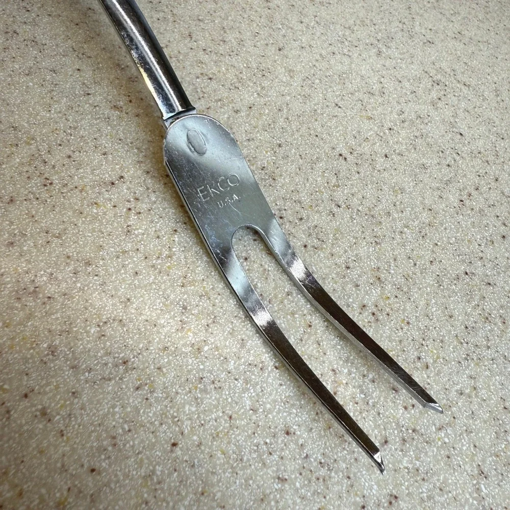 Vintage Ekco USA‎ Meat Carving Fork Stainless Steel Black Handle 2 Tine Tool